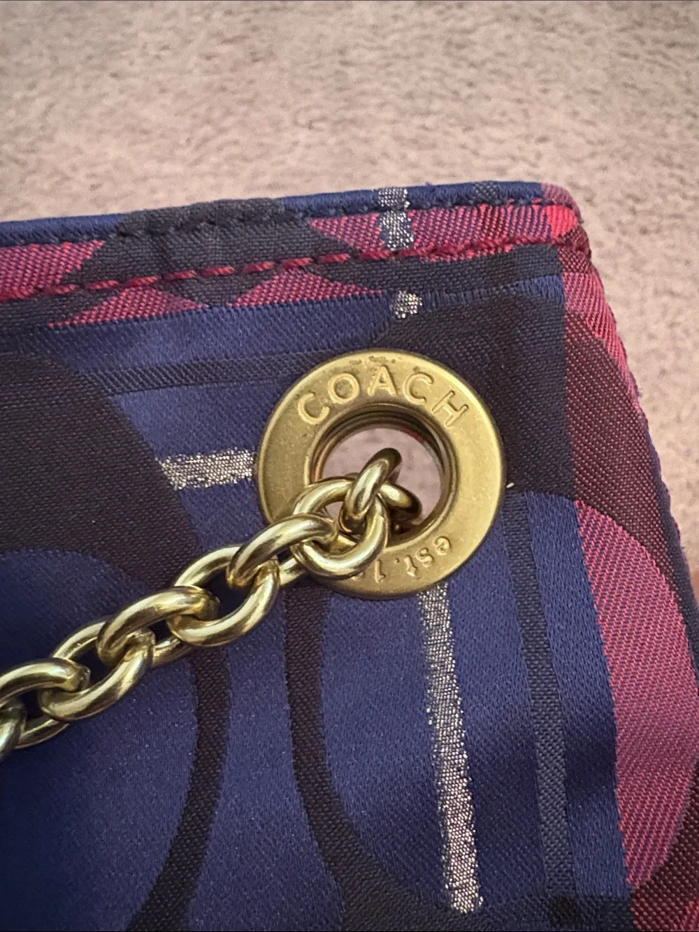 Coach Poppy Tartan Navy and Pink Plaid Signature Chain Slim Tote